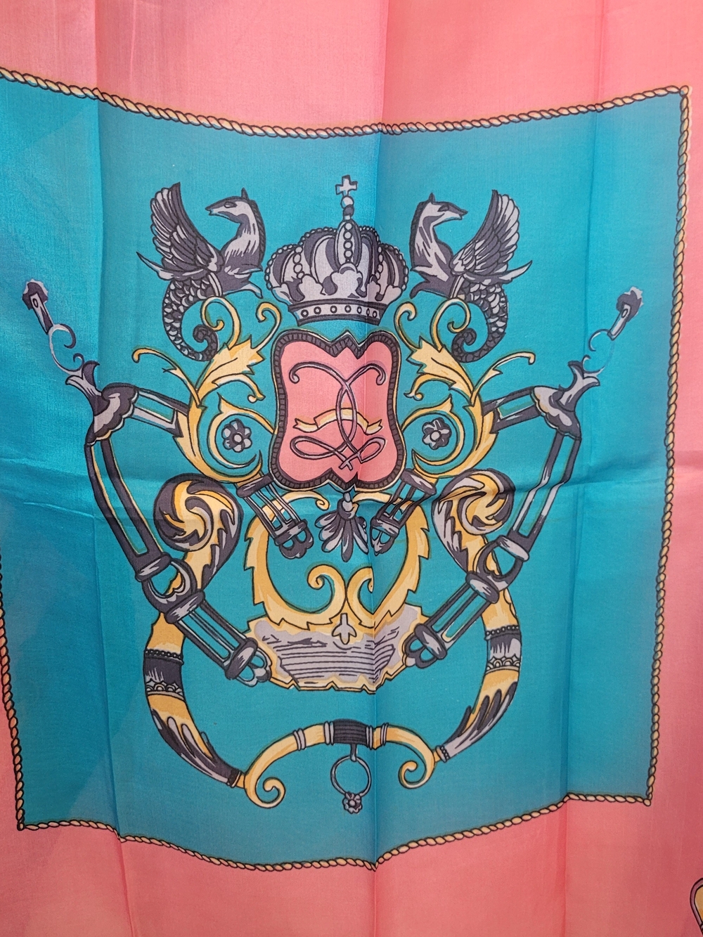 ALSA Spanish Silk Teal & Pink Nautical Rope & Wheel Old-world Print Scarf - Picture 4 of 11